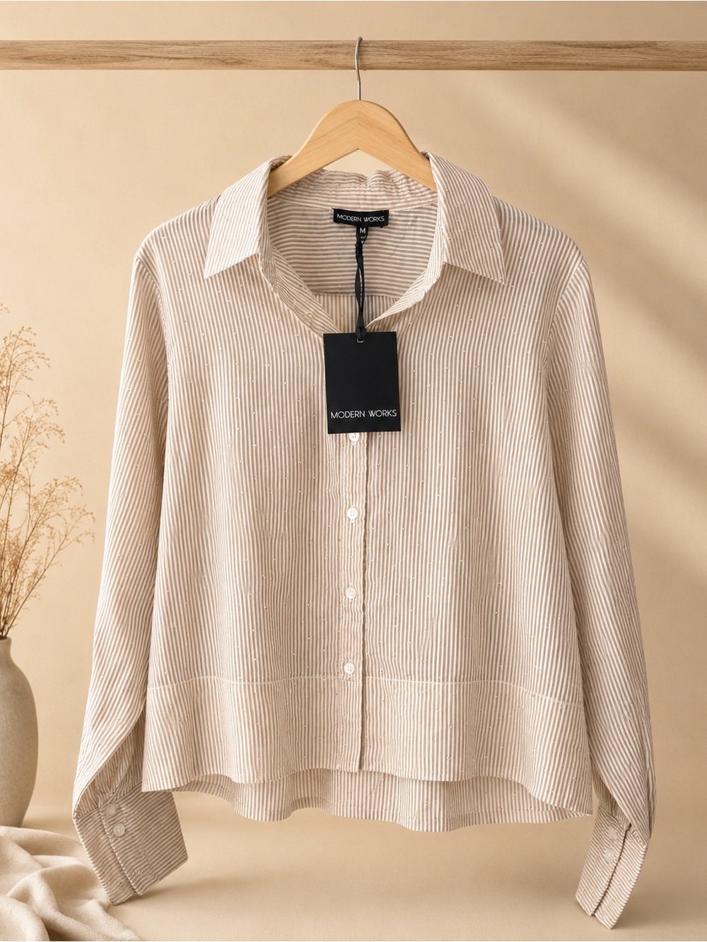 Modern Works Beige Striped Button-Down Blouse